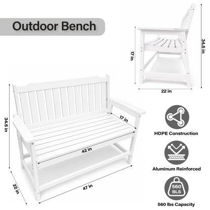LAUSAINT HOME HDPE Outdoor Bench, Weather-Resistant Patio &amp; Porch Bench with Aluminum-Reinforced Frame
