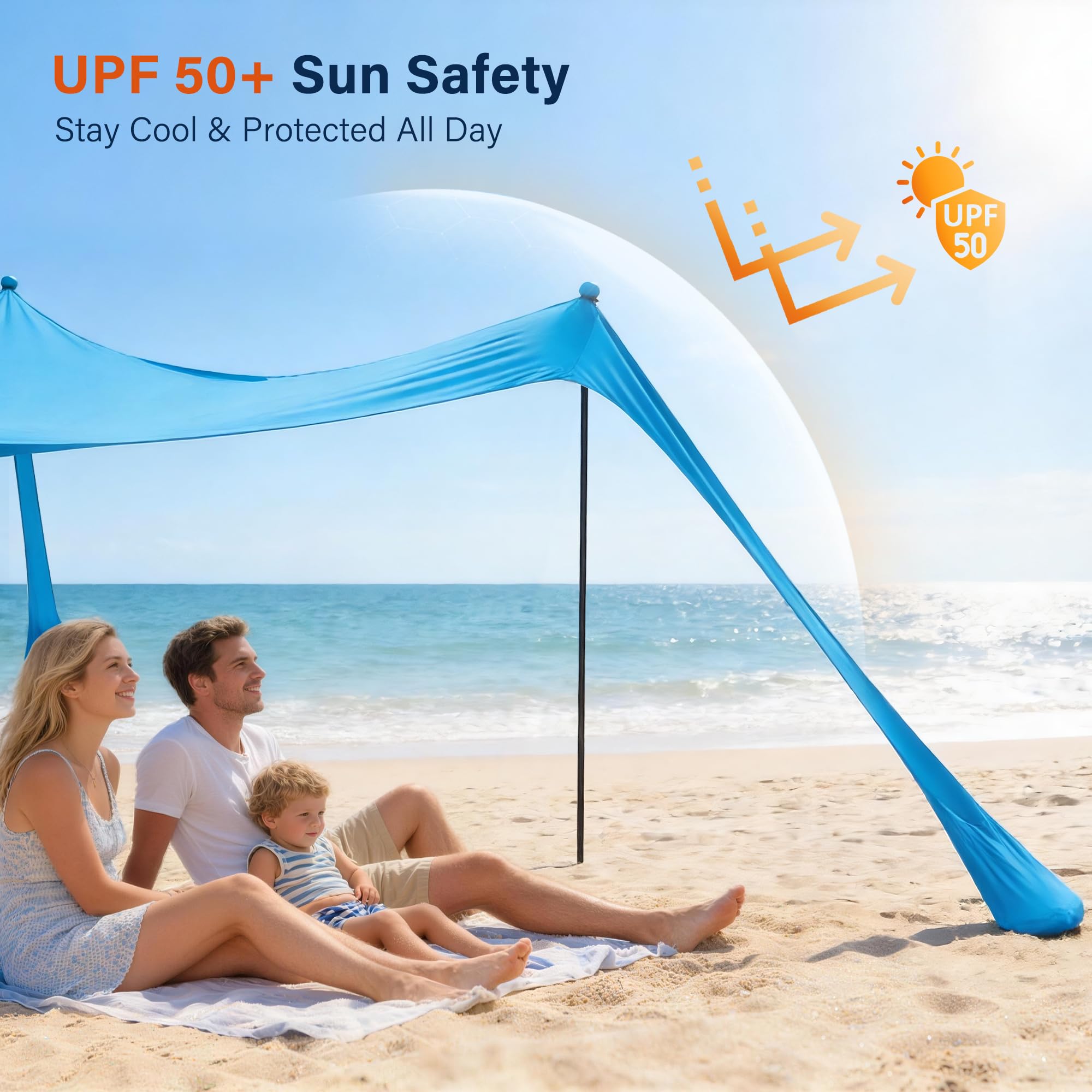 LAUSAINT HOME Beach Tent, 7.5x7.5FT Easy Pop Up Beach Canopy Sun Shade UPF 50+ Protection with 4 Windproof Stability Poles and Sandbags, Outdoor Sun Shelter for Family Camping, Sky Blue