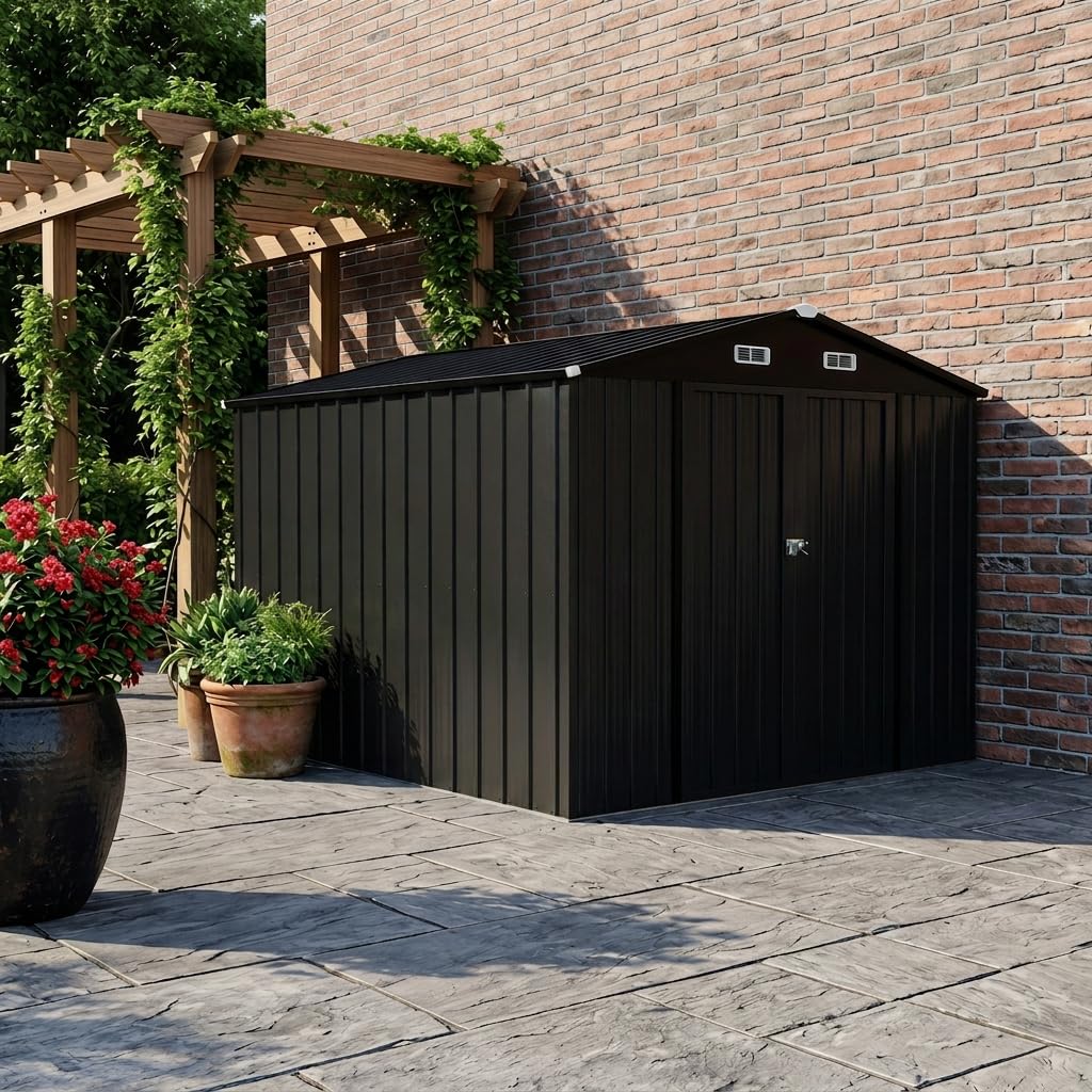 LAUSAINT HOME 8 x 6 FT Outdoor Storage Shed with Window, Galvanized Steel Storage Shed, Double Lockable Doors, Gable Roof &amp; Air Vent for Backyard, Brown