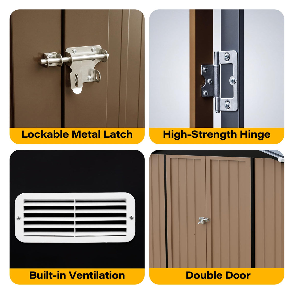 LAUSAINT HOME 8 x 6 FT Outdoor Storage Shed with Window, Galvanized Steel Storage Shed, Double Lockable Doors, Gable Roof &amp; Air Vent for Backyard, Brown