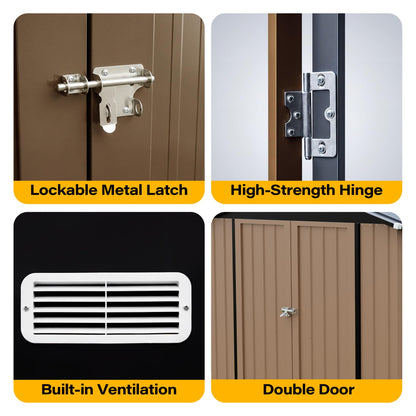 LAUSAINT HOME 8 x 6 FT Outdoor Storage Shed with Window, Galvanized Steel Storage Shed, Double Lockable Doors, Gable Roof &amp; Air Vent for Backyard, Brown