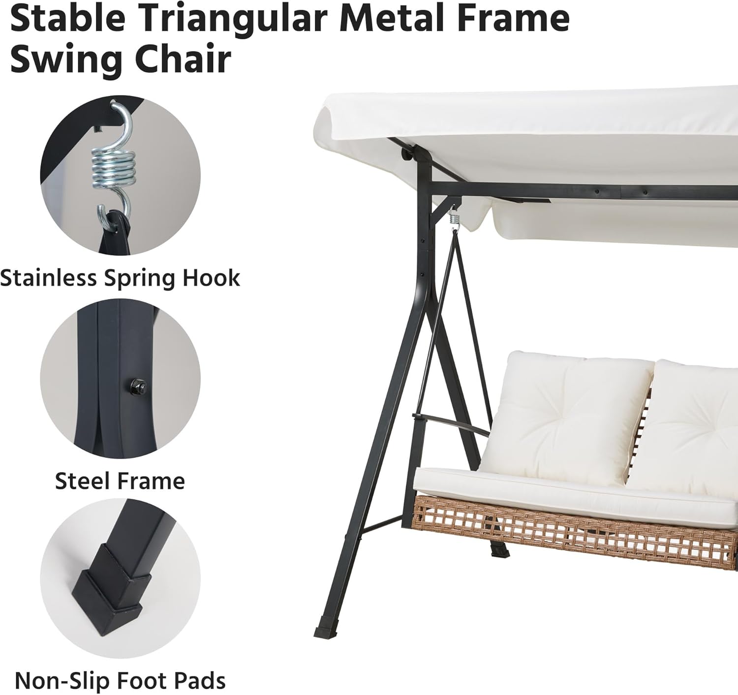 LAUSAINT HOME Porch Swing, 2 Person Wicker Patio Swing Chair with Adjustable Canopy
