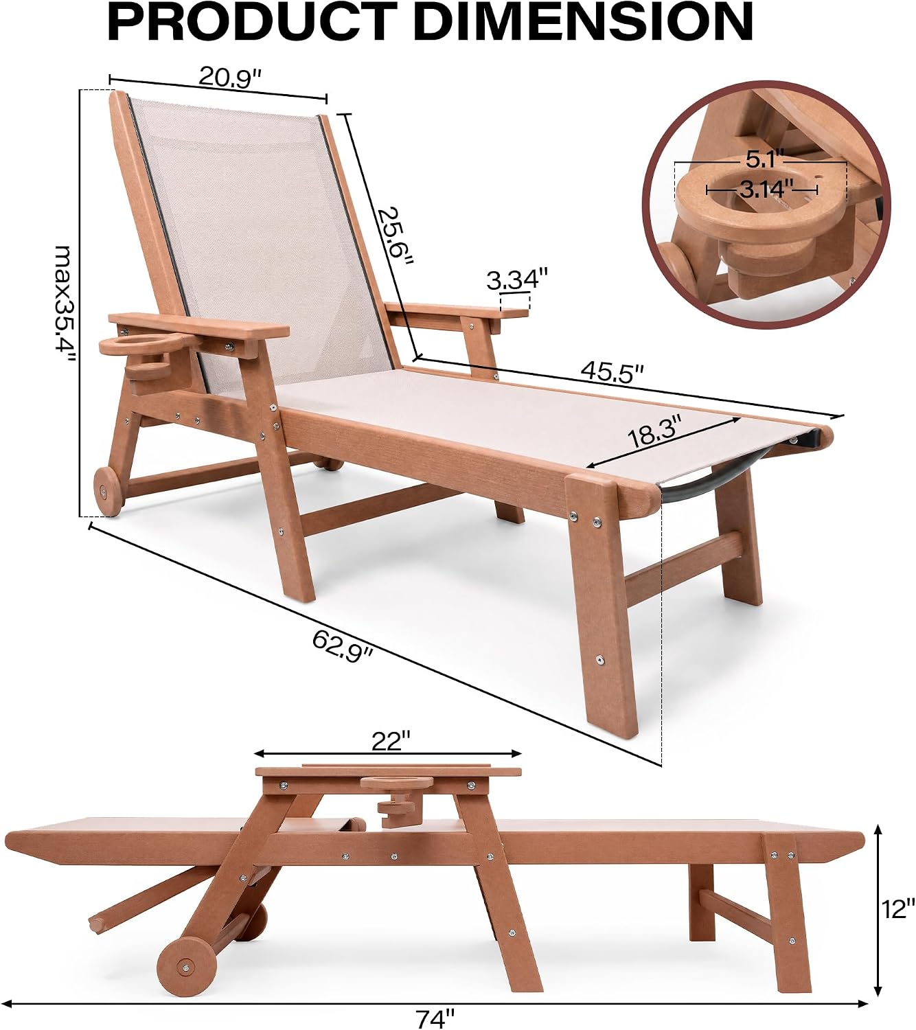 LAUSAINT HOME Outdoor Chaise Lounge Chair, 5-Position Adjustable Patio Lounge Chair