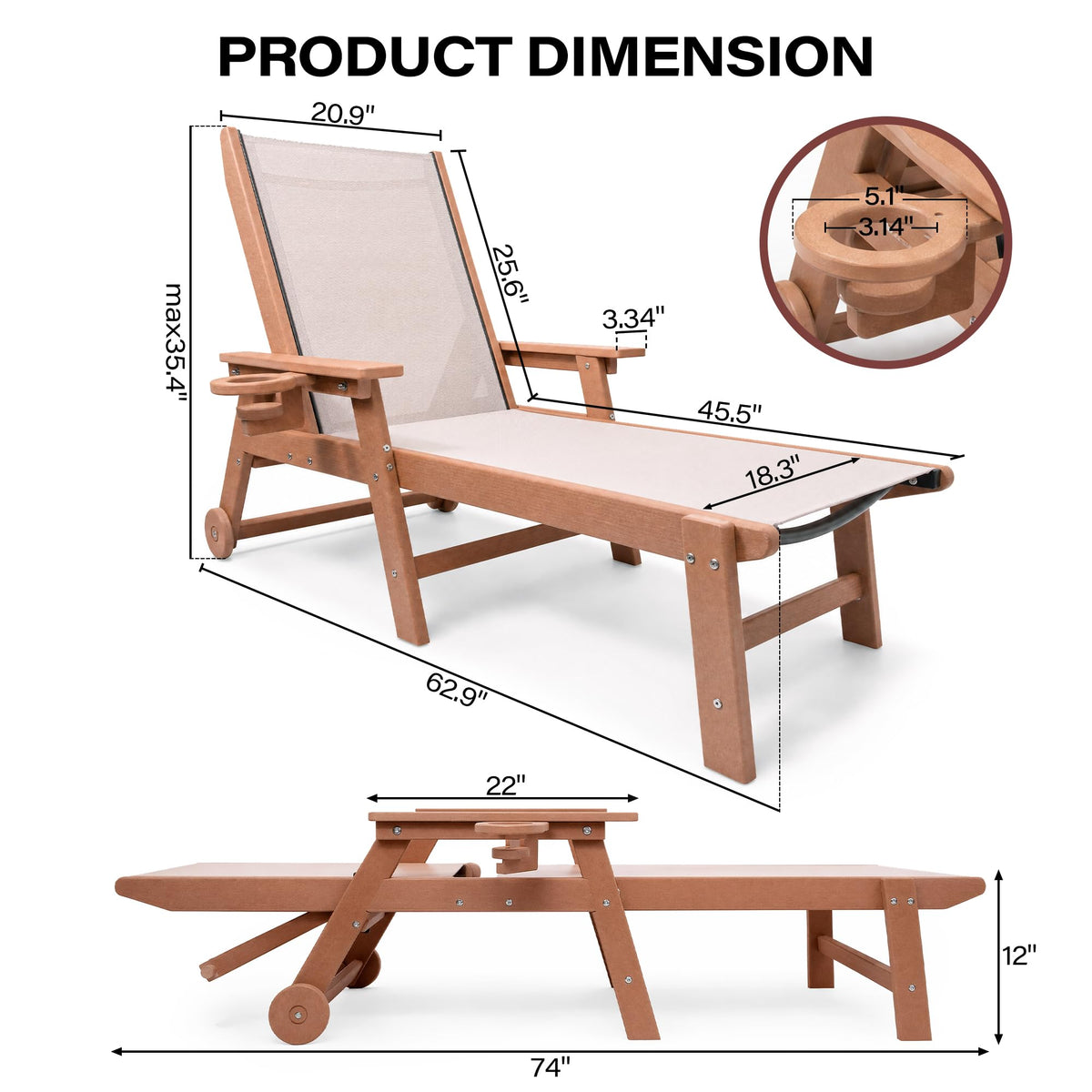LAUSAINT HOME Outdoor Chaise Lounge Chair, 5-Position Adjustable Patio Lounge Chair, Folding HDPE Chaise Lounge with Breathable Textilene Fabric, Cup Holder &amp; Wheels for Poolside, Backyard &amp; Deck 2pcs
