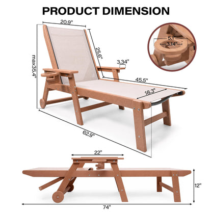 LAUSAINT HOME Outdoor Chaise Lounge Chair, 5-Position Adjustable Patio Lounge Chair, Folding HDPE Chaise Lounge with Breathable Textilene Fabric, Cup Holder &amp; Wheels for Poolside, Backyard &amp; Deck 2pcs