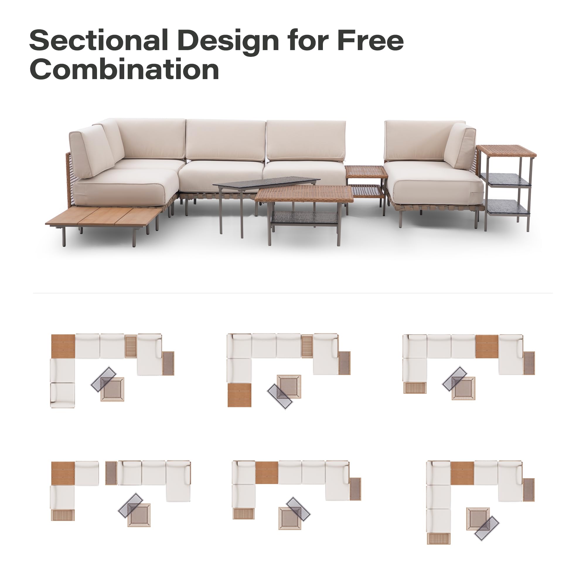 LAUSAINT HOME 7-Piece Outdoor Patio Furniture Set, Wicker Outdoor Conversation Set PE Rattan Sectional Sofa with Washable Cushions and Tempered Glass Table for Garden (Grey)