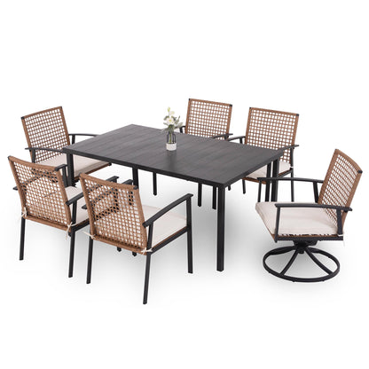 LAUSAINT HOME 7 Pieces Patio Dining Set, Outdoor Furniture Set of 6 Wicker Chairs (2 of Them Swivel) with Soft Cushion and Iron Slats Table Top with Umbrella Hole, Conversation Set for Backyard