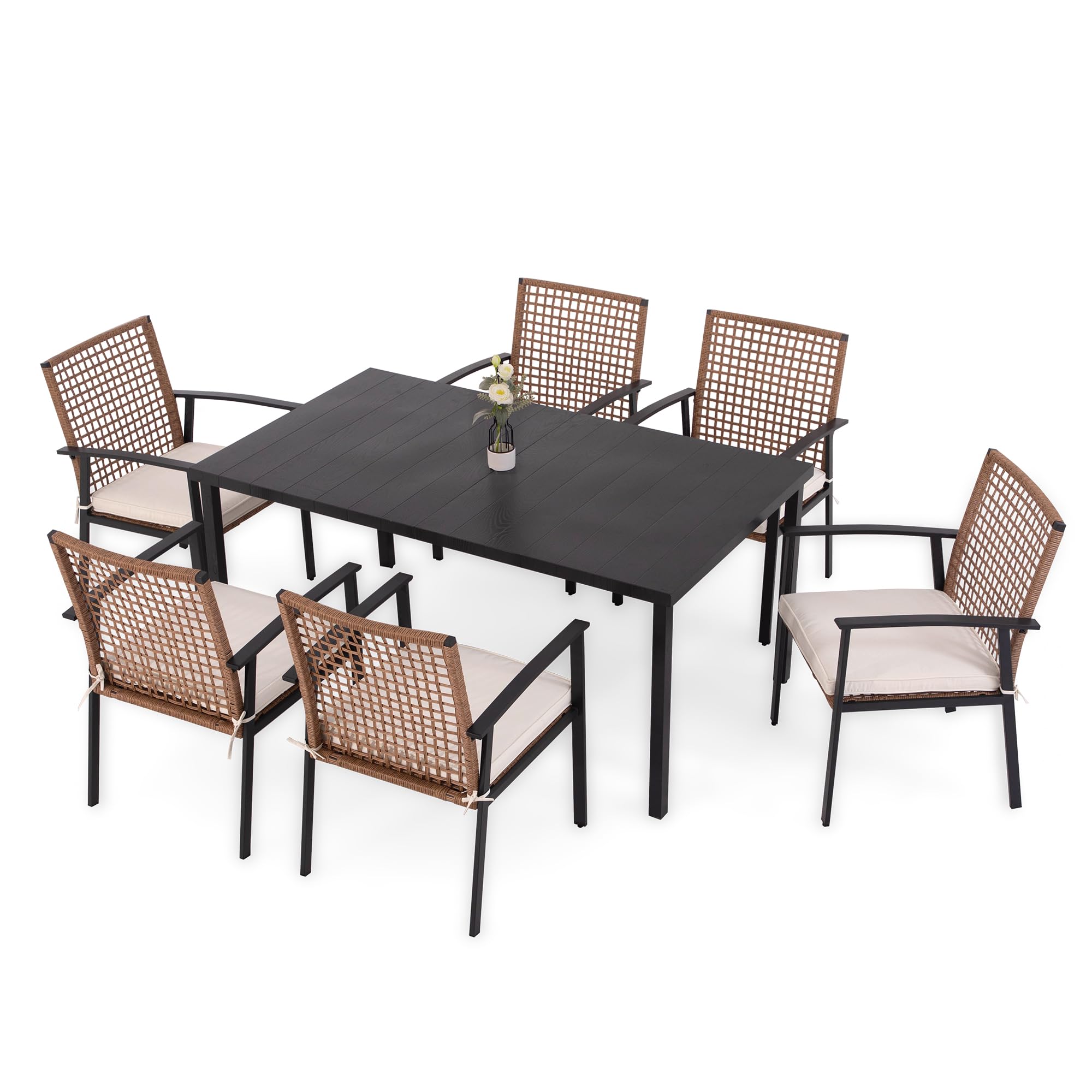 LAUSAINT HOME 7 Pieces Patio Dining Set, Outdoor Furniture Set of 6 Wicker Chairs (2 of Them Swivel) with Soft Cushion and Iron Slats Table Top with Umbrella Hole, Conversation Set for Backyard