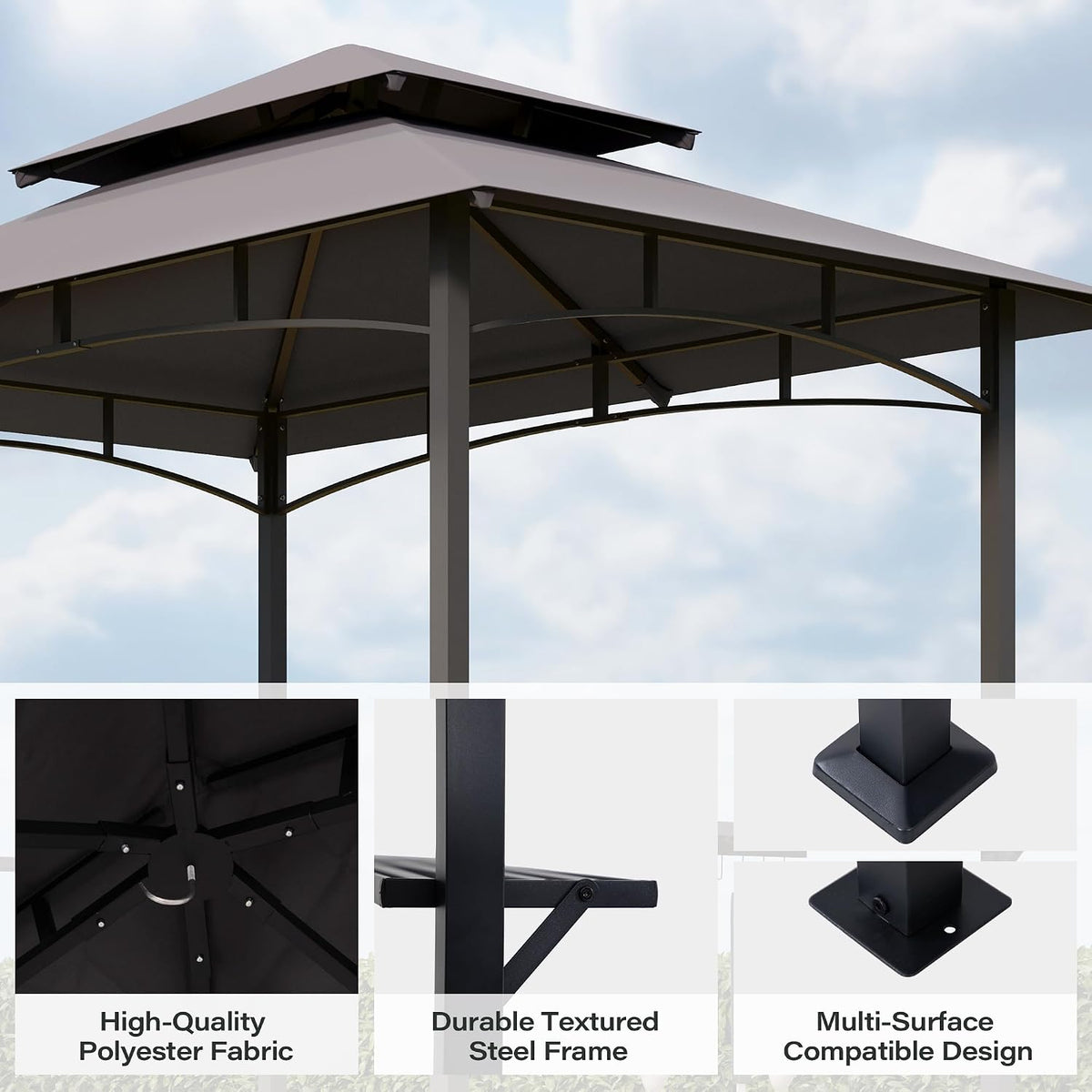 LAUSAINT HOME 5x8 FT Outdoor Grill Gazebo Canopy, BBQ Gazebo with 2-Tier Vented Top, 2 Durable Shelves &amp; Metal Frame Grill ShelterDark Gray