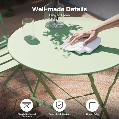 LAUSAINT HOME 3-Piece Steel Folding Bistro Set, Premium Weather-Resistant Patio Table &amp; Chairs