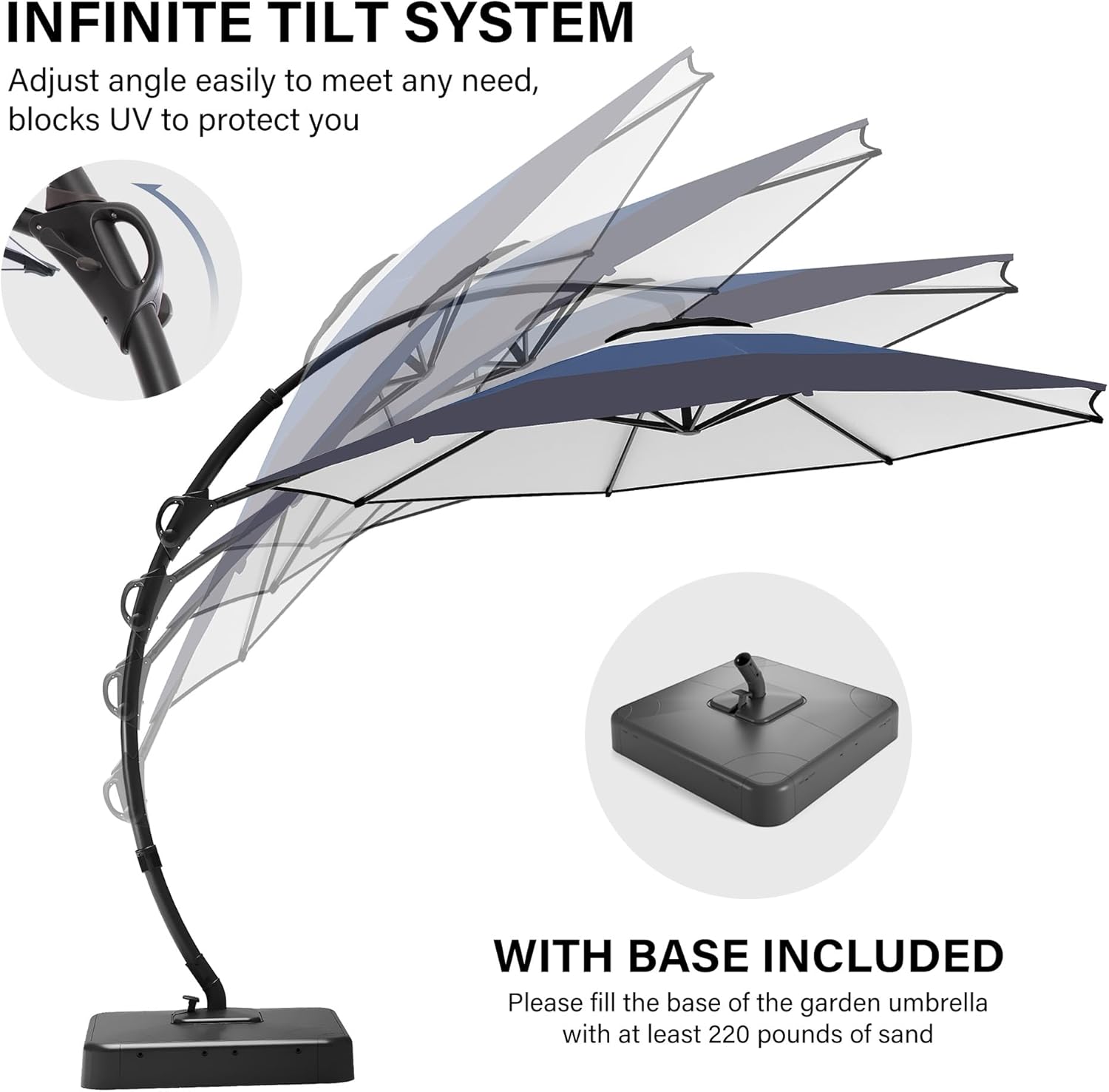 LAUSAINT HOME Outdoor Patio Umbrella with Base Included, Large Sun Shade Cantilever Umbrella Deluxe Curvy