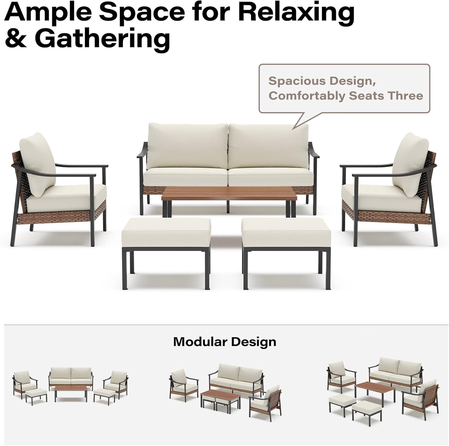 LAUSAINT HOME 6 Pieces Outdoor Patio Furniture Set, Rattan Outdoor Couch Sectional