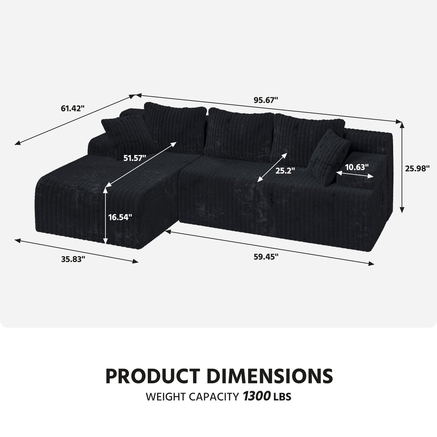 LAUSAINT HOME 96" Modular Sectional Sofa Couches, L-Shaped Boneless Cloud Sofa with 3 Deep Seat