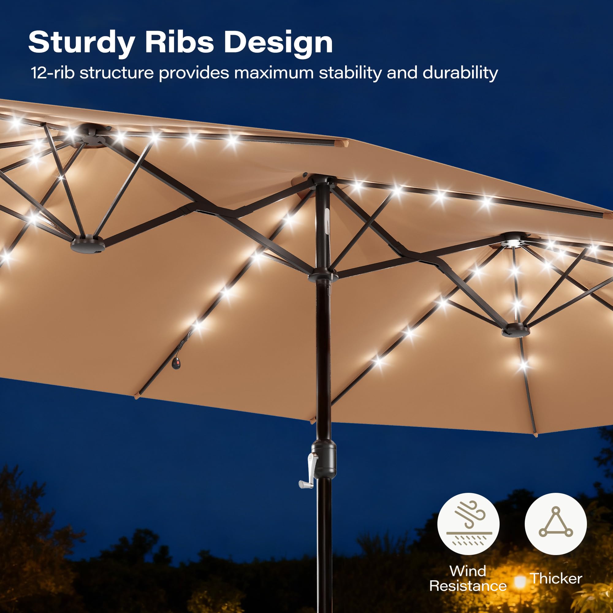 LAUSAINT HOME Large Double-Sided Rectangle Patio Umbrella with LED Light and Base, 13FT/15FT