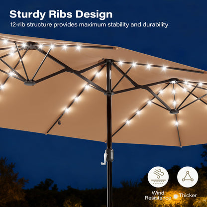 LAUSAINT HOME Large Double-Sided Rectangle Patio Umbrella with LED Light and Base, 13FT/15FT