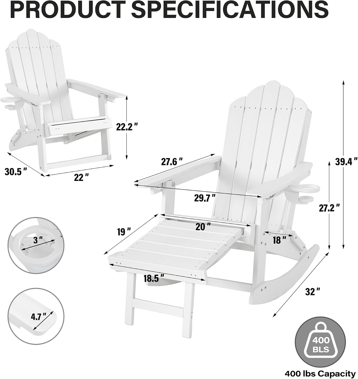 LAUSAINT HOME Folding Adirondack Rocking Chairs Set with Retractable Ottomans, 3-Position Adjustable Backrests and Cup Holders