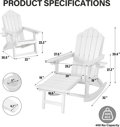 LAUSAINT HOME Folding Adirondack Rocking Chairs Set with Retractable Ottomans, 3-Position Adjustable Backrests and Cup Holders