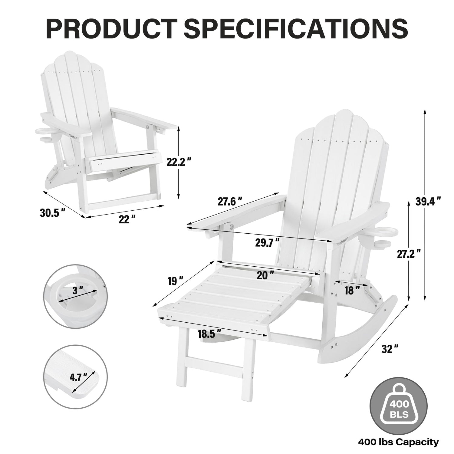 LAUSAINT HOME Folding Adirondack Rocking Chairs Set with Retractable Ottomans, 3-Position Adjustable Backrests and Cup Holders