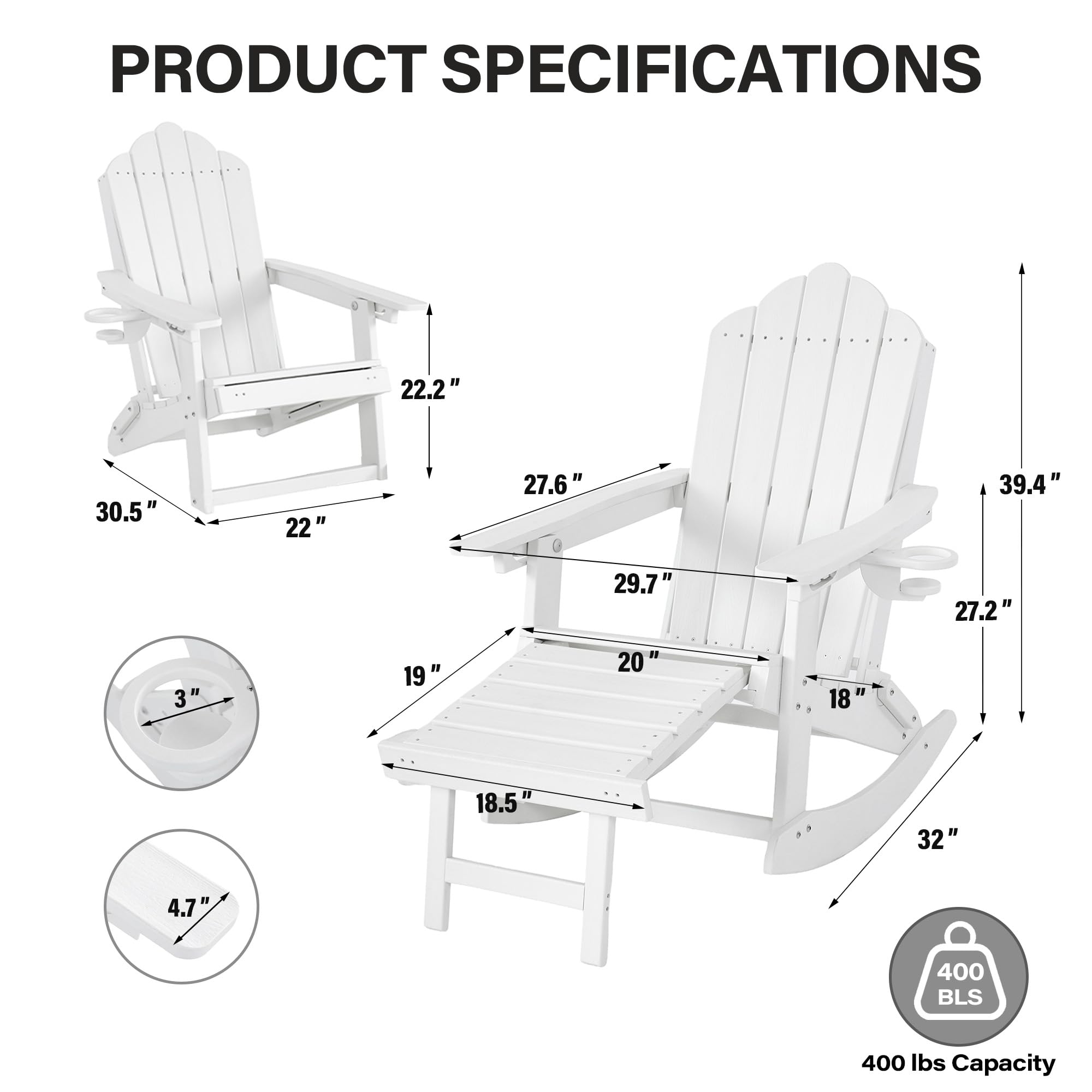 LAUSAINT HOME Folding Adirondack Rocking Chairs Set with Retractable Ottomans, 3-Position Adjustable Backrests and Cup Holders