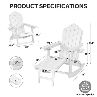 LAUSAINT HOME Folding Adirondack Rocking Chairs Set with Retractable Ottomans, 3-Position Adjustable Backrests and Cup Holders