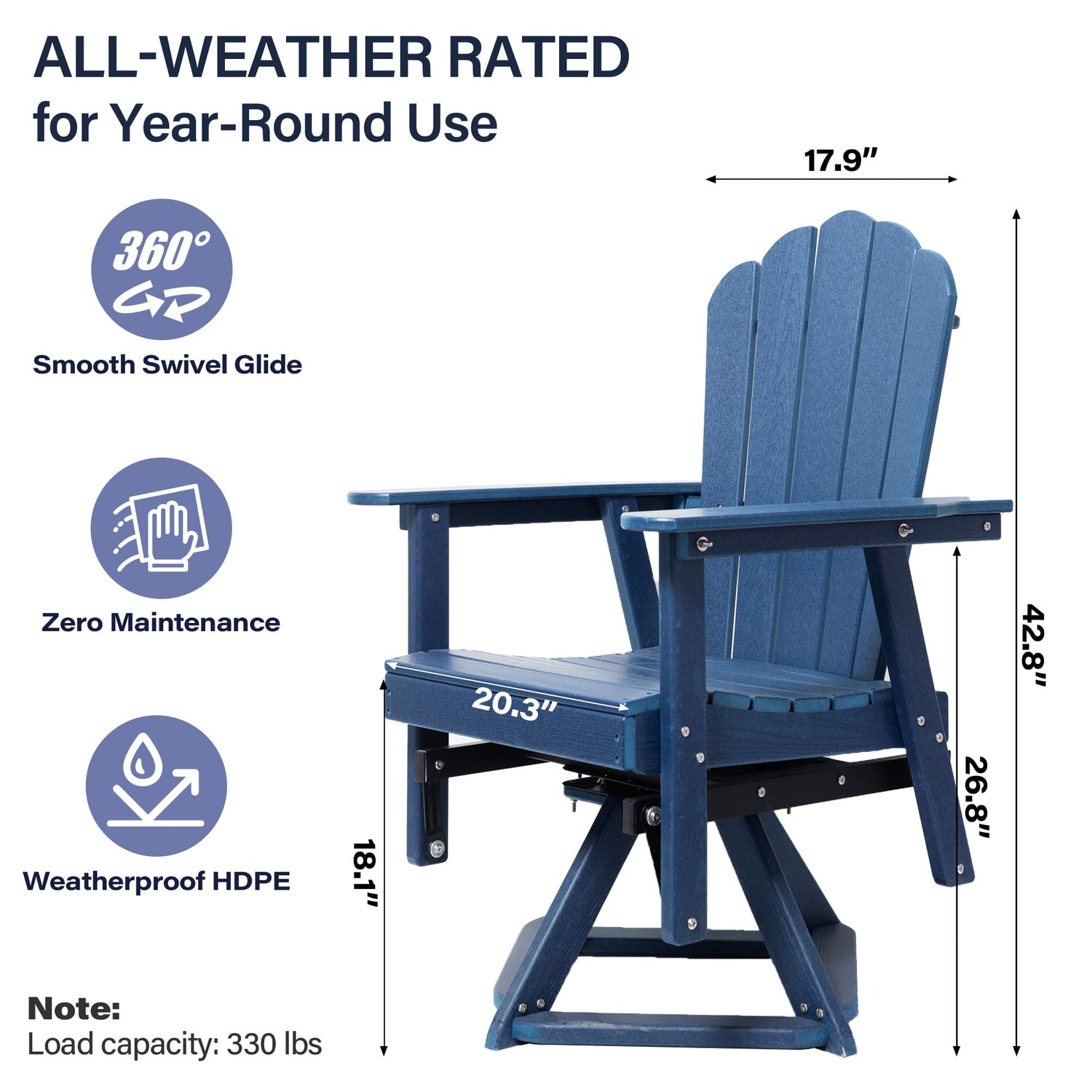 LAUSAINT HOME Swivel Adirondack Chair, Glider 360° Rotating Outdoor Patio HDPE Rocker Lounge Chair