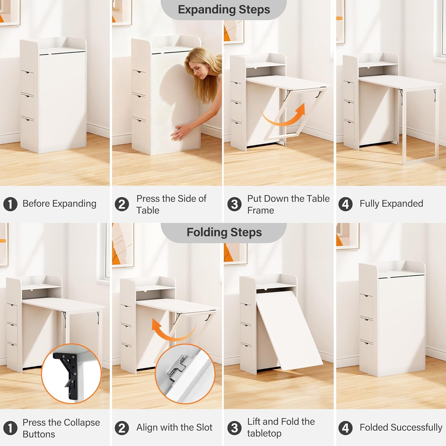LAUSAINT HOME Wall Mounted Foldable Desk, Space Saving Hidden Desk with Storage &amp; Power Outlet