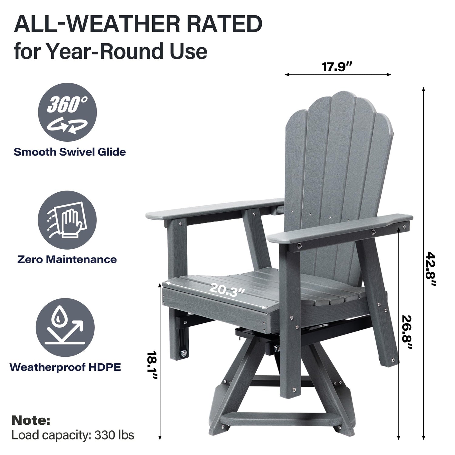 LAUSAINT HOME Swivel Adirondack Chair, Glider 360° Rotating Outdoor Patio HDPE Rocker Lounge Chair