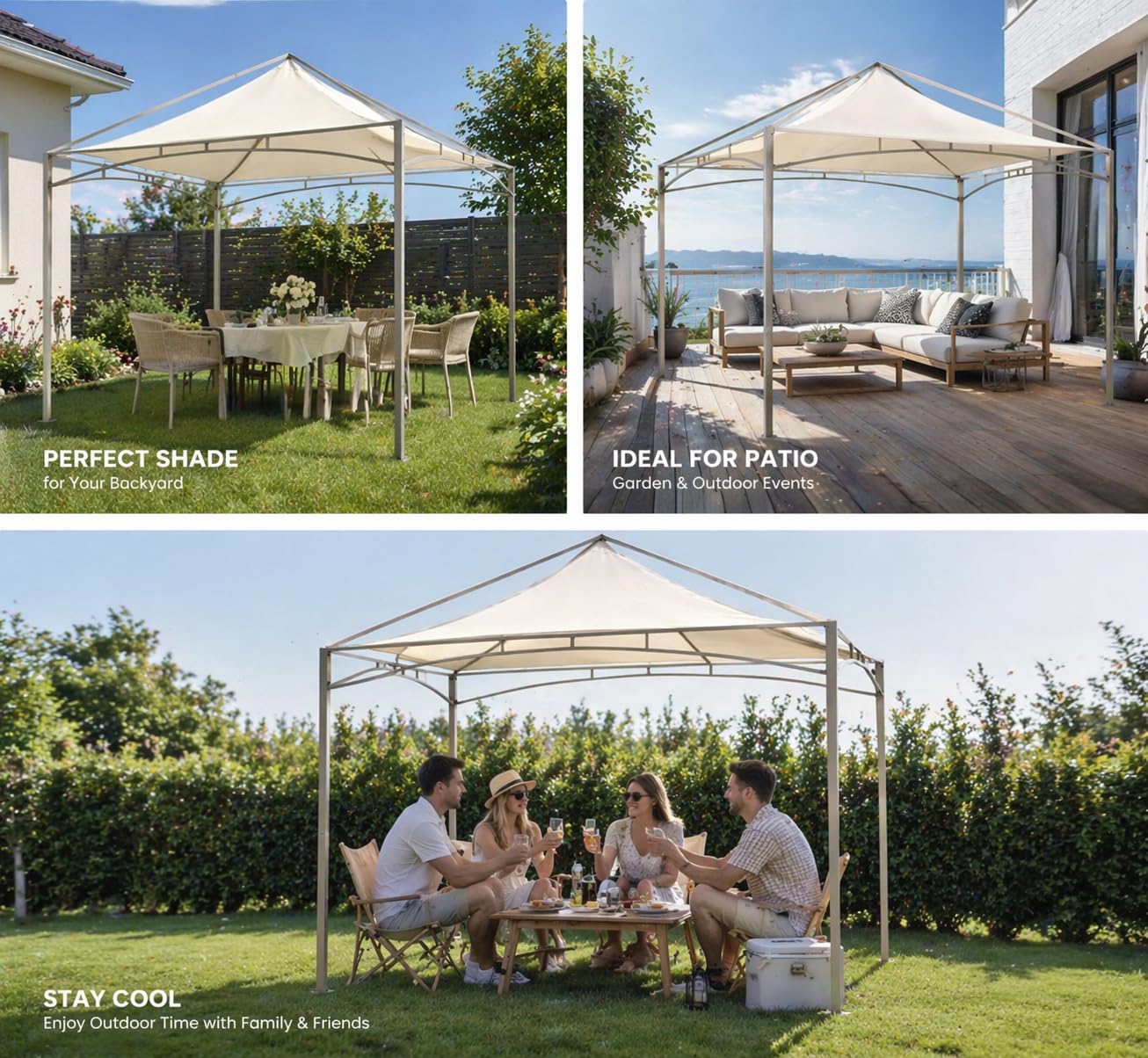 LAUSAINT HOME 10x10 Outdoor Shade Canopy Gazebo for Patio Lawn &amp; Garden, UV50+ Sun Protection Gazebo with 180G Polyester Fabric, Sturdy Powder Coated Metal Frame, Includes 8 Ground Stakes, Beige