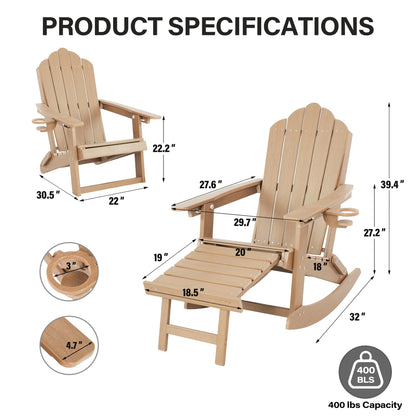 LAUSAINT HOME Folding Adirondack Rocking Chairs Set with Retractable Ottomans, 3-Position Adjustable Backrests and Cup Holders