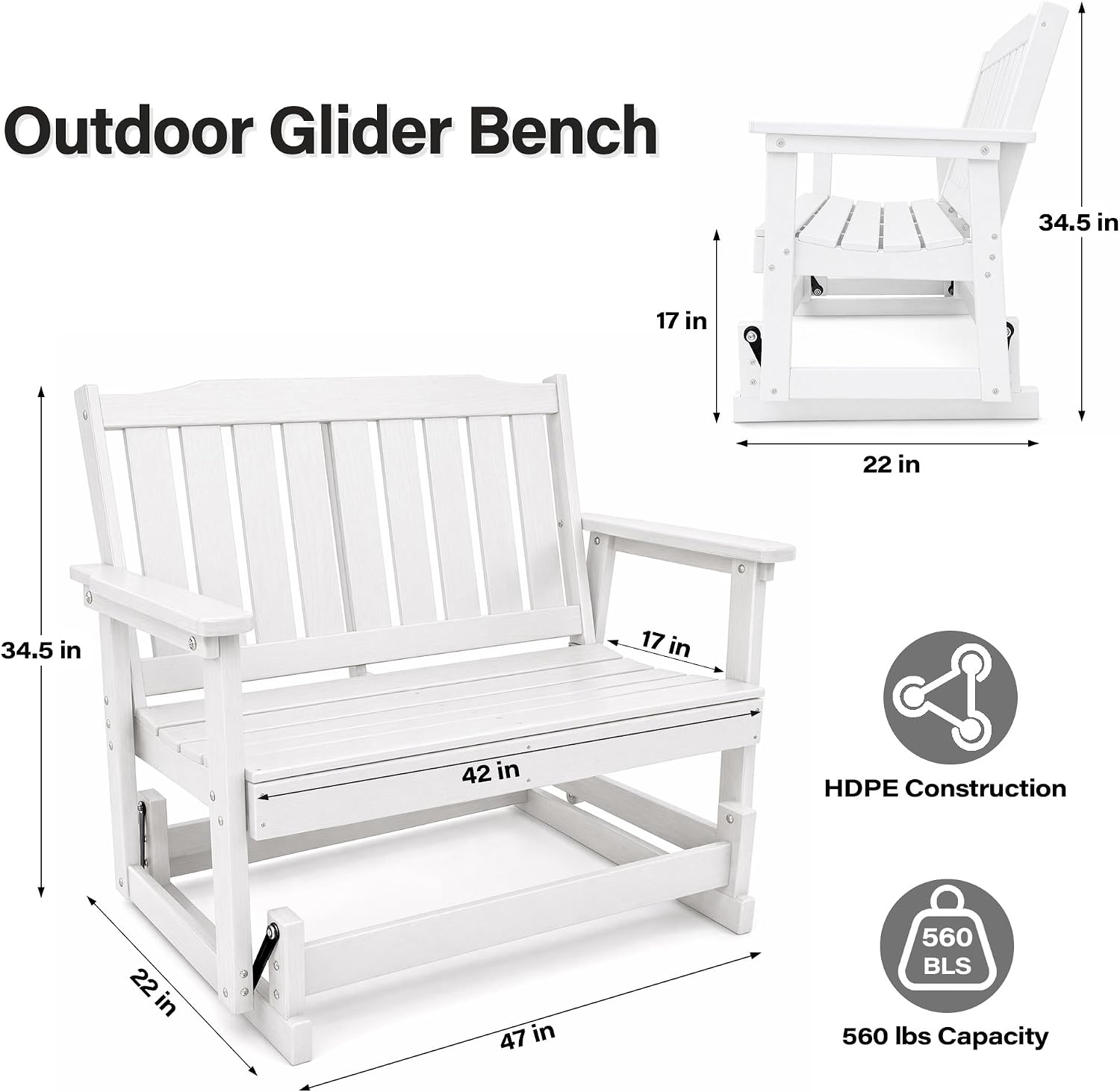 LAUSAINT HOME 2-Person HDPE Outdoor Glider Bench