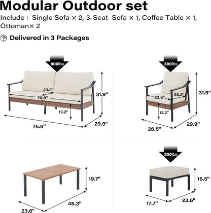 LAUSAINT HOME 6 Pieces Outdoor Patio Furniture Set, Rattan Outdoor Couch Sectional