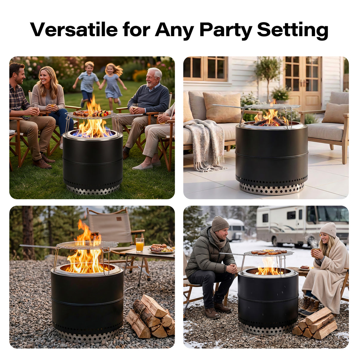 Lausaint Home 20 Inch Smokeless Fire Pit, Outdoor Wood Burning Firepit with Grill Grate &amp; Stand