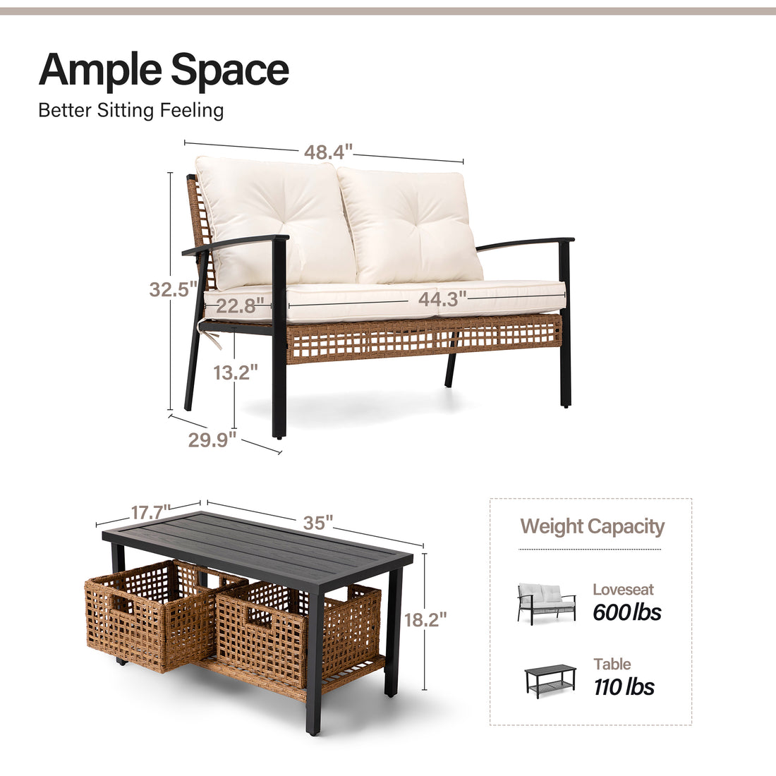 LAUSAINT HOME Outdoor Rattan Bistro Set, 1 Loveseat and 1 Coffee Table