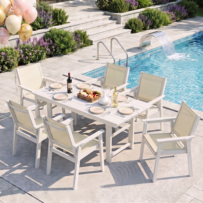 Lausaint Home 7-Piece Outdoor HDPE Dining Set with Textilene Chairs &amp; Umbrella Hole Table