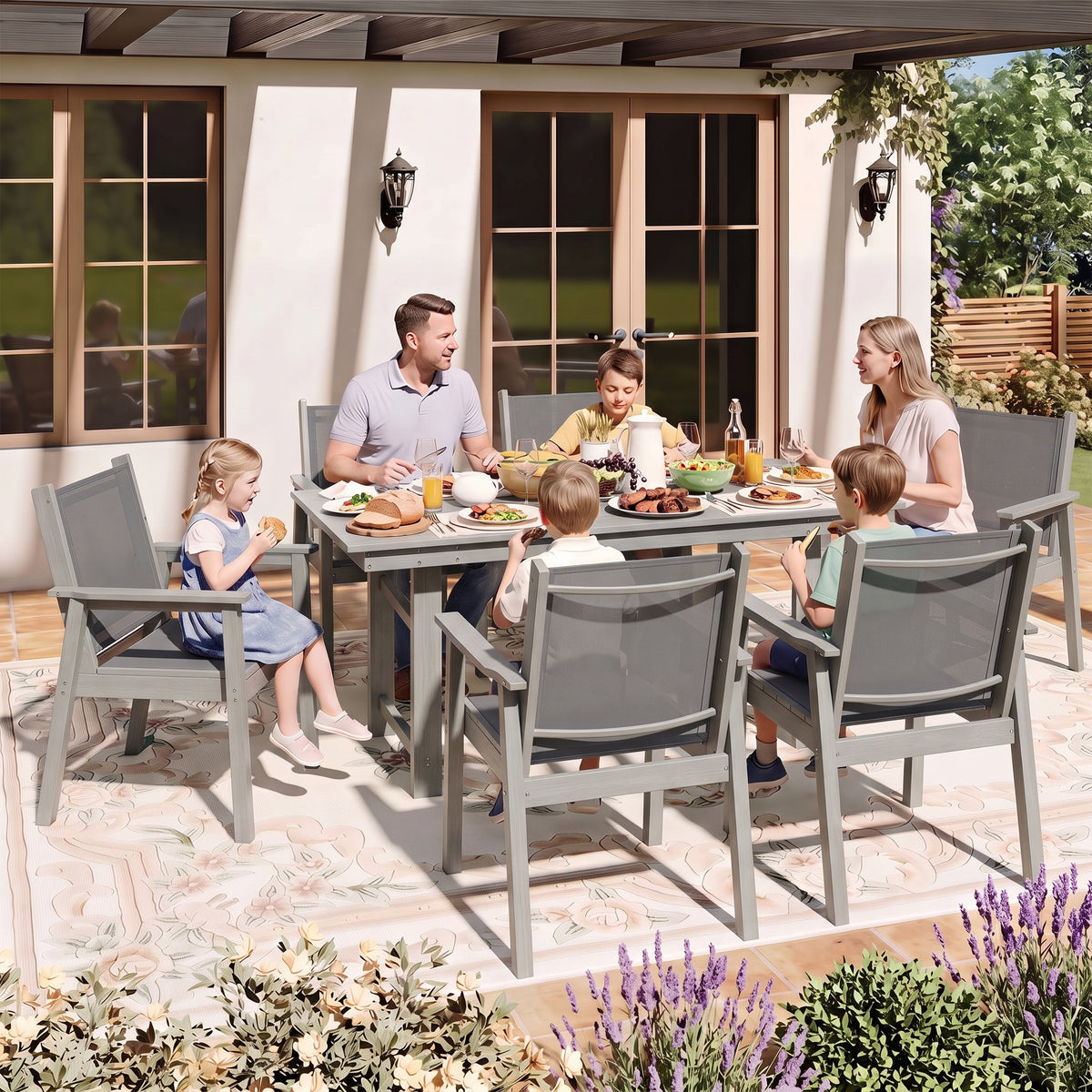 Lausaint Home 7-Piece Outdoor HDPE Dining Set with Textilene Chairs &amp; Umbrella Hole Table