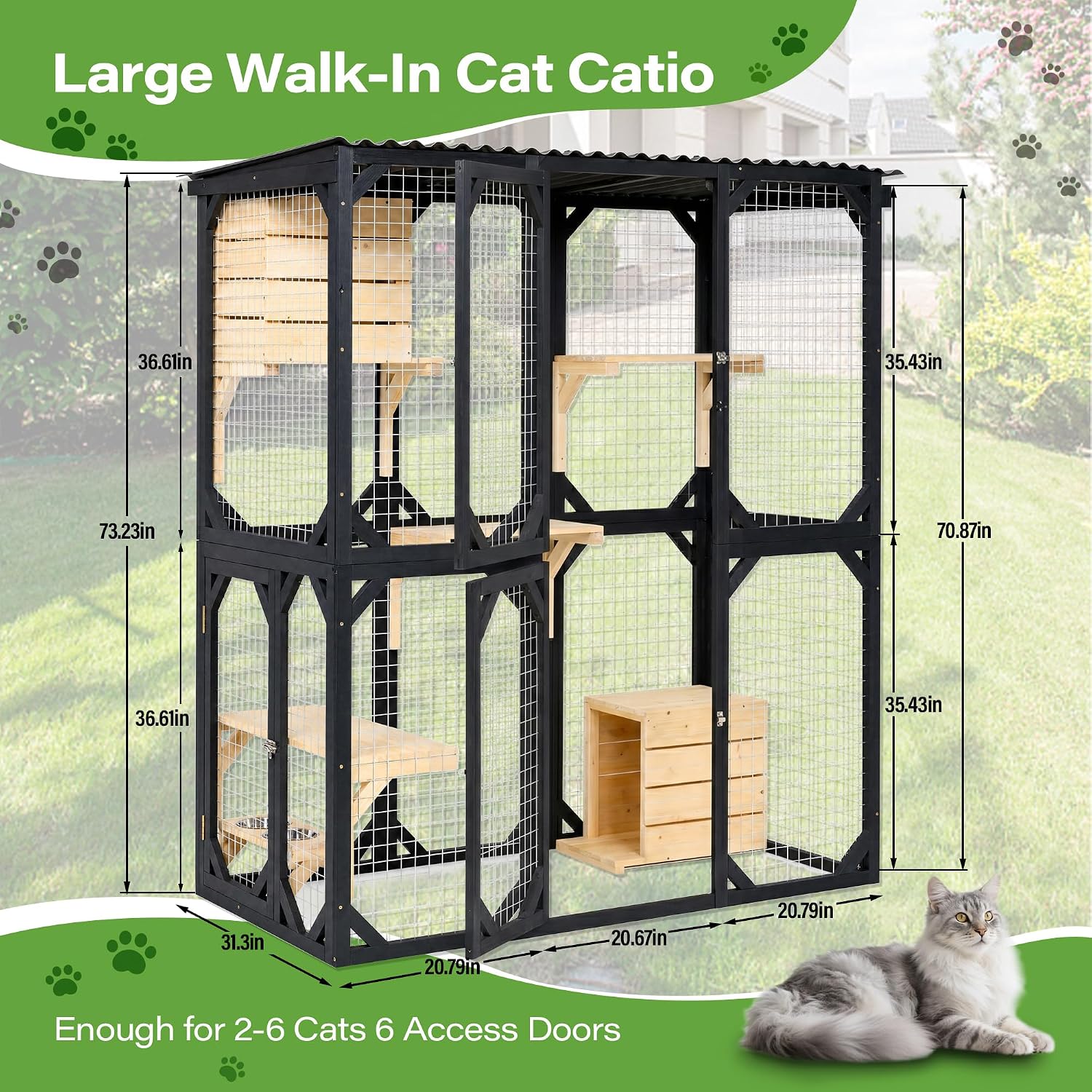 Lausaint Home 70.8" Catio Outdoor Cat Enclosure with Weatherproof Roof