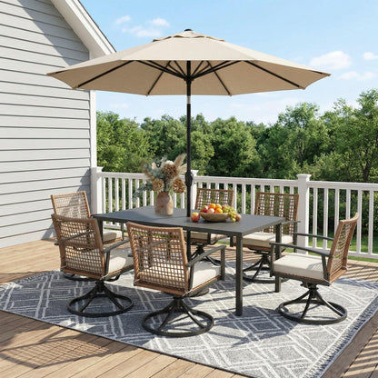LAUSAINT HOME 7 Pieces Patio Dining Set, Outdoor Furniture Set of 6 Wicker Chairs (2 of Them Swivel) with Soft Cushion and Iron Slats Table Top with Umbrella Hole, Conversation Set for Backyard