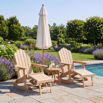 LAUSAINT HOME Folding Adirondack Rocking Chairs Set with Retractable Ottomans, 3-Position Adjustable Backrests and Cup Holders
