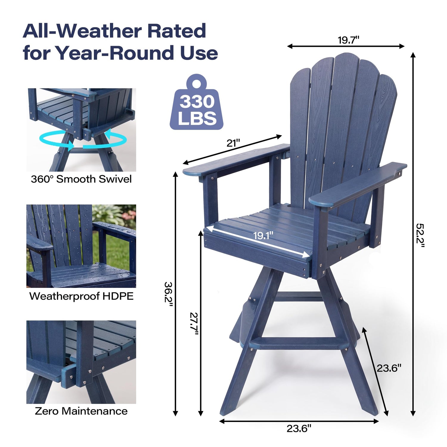 LAUSAINT HOME Swivel Adirondack Bar Chair, Weatherproof Patio HDPE Chairs, Outdoor Bar Height Outdoor Balcony Furniture Set, 360° Rotating Bistro Stools for Garden, Lawn, Poolside, Navy Blue