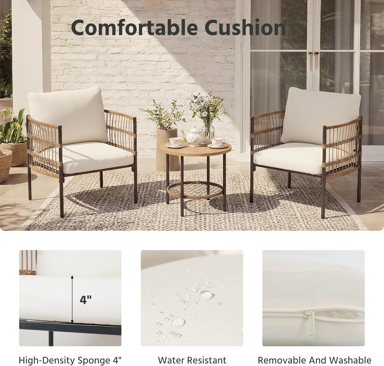 LAUSAINT HOME Patio Bistro Set, All-Weather Wicker Patio Furniture Set with Thick Cushions