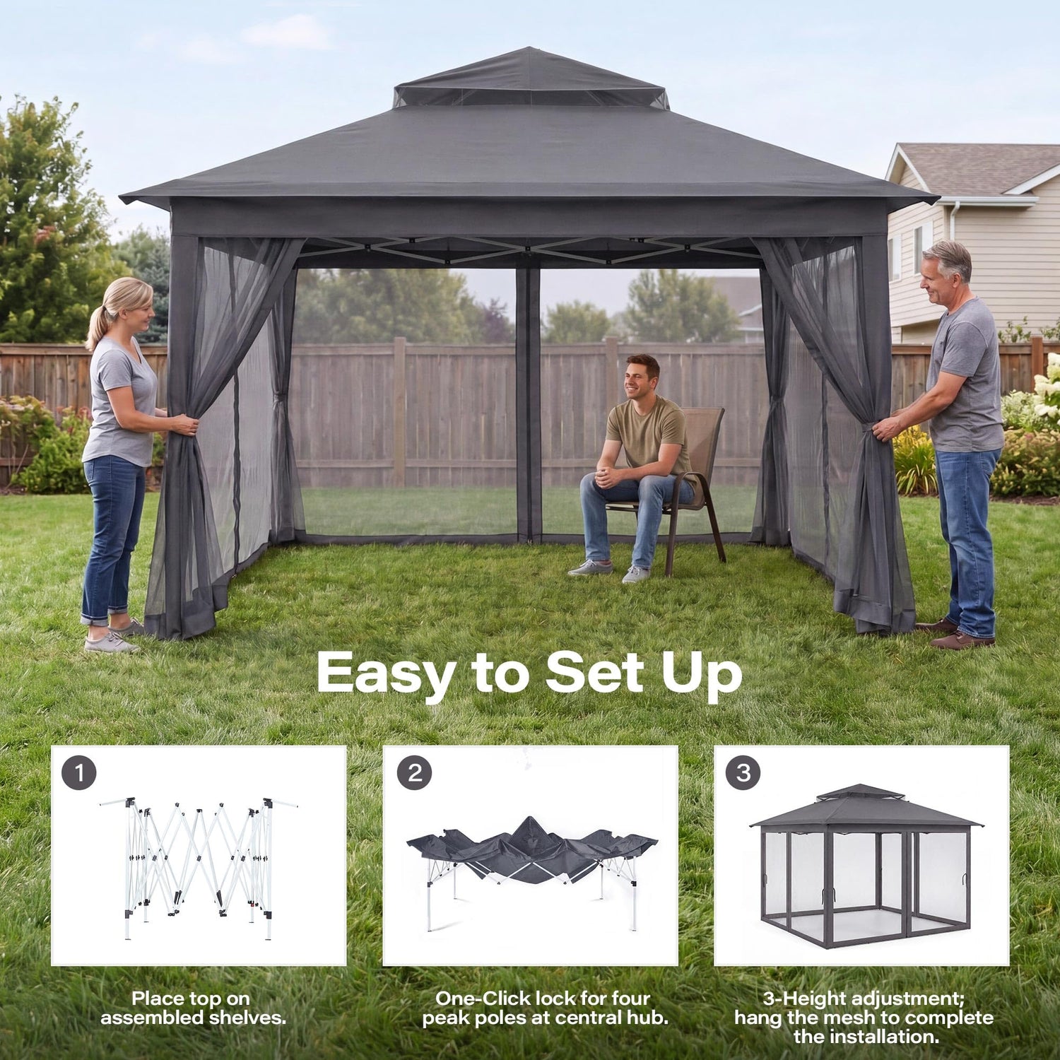 LAUSAINT HOME 11x11 Pop Up Gazebo with Mosquito Netting, Portable Outdoor Gazebo Canopy Tent with Sidewalls, One Push Instant Setup &amp; Adjustable Height for Patio Backyard Party BBQ Deck, Grey