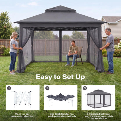 LAUSAINT HOME 11x11 Pop Up Gazebo with Mosquito Netting, Portable Outdoor Gazebo Canopy Tent with Sidewalls, One Push Instant Setup &amp; Adjustable Height for Patio Backyard Party BBQ Deck, Grey