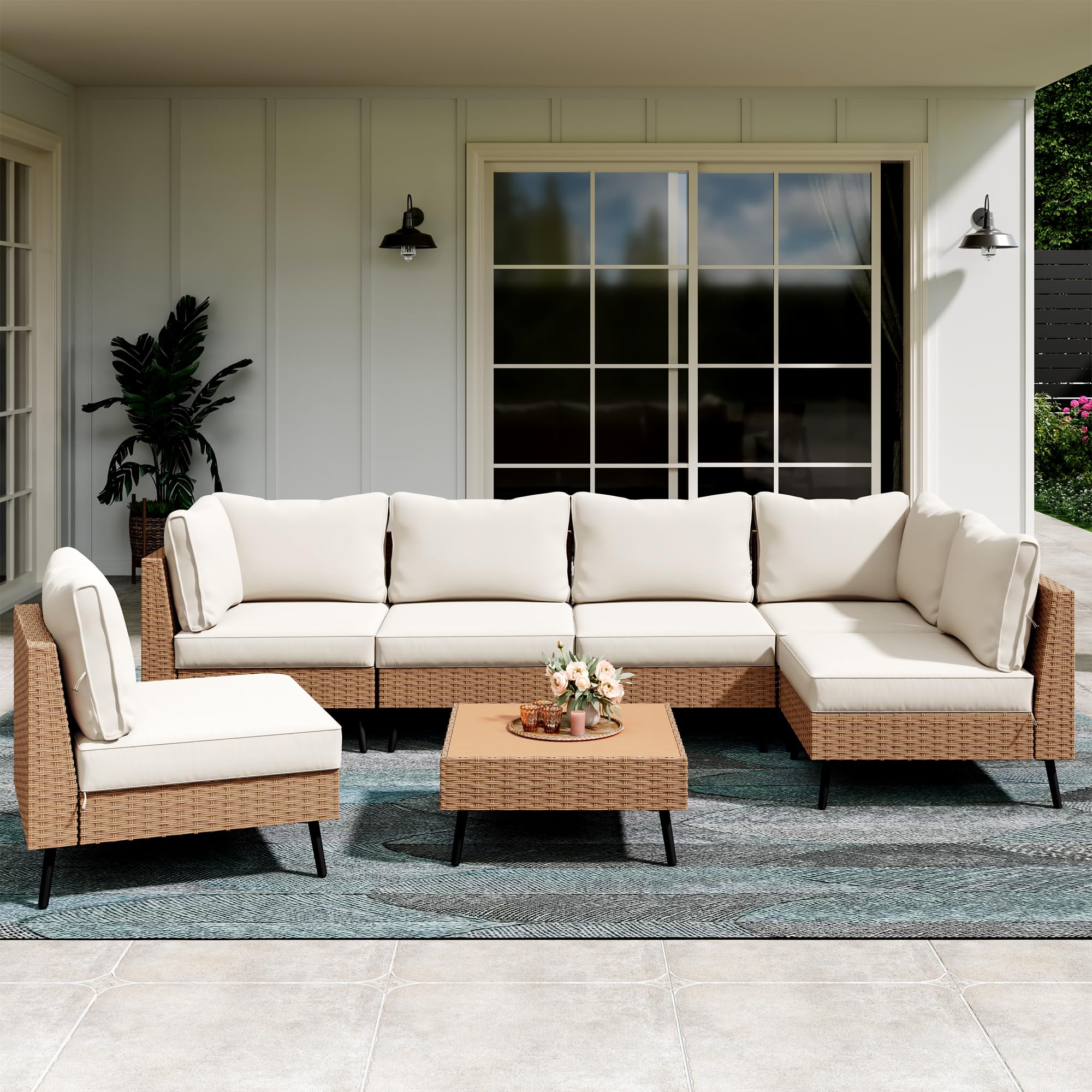 LAUSAINT HOME Outdoor Patio Furniture, 6 Piece Outdoor Sectional Sofa PE Rattan Wicker Patio Conversation Sets, All Weather Patio Furniture Set with Thick Cushions for Garden, Backyard(Beige)