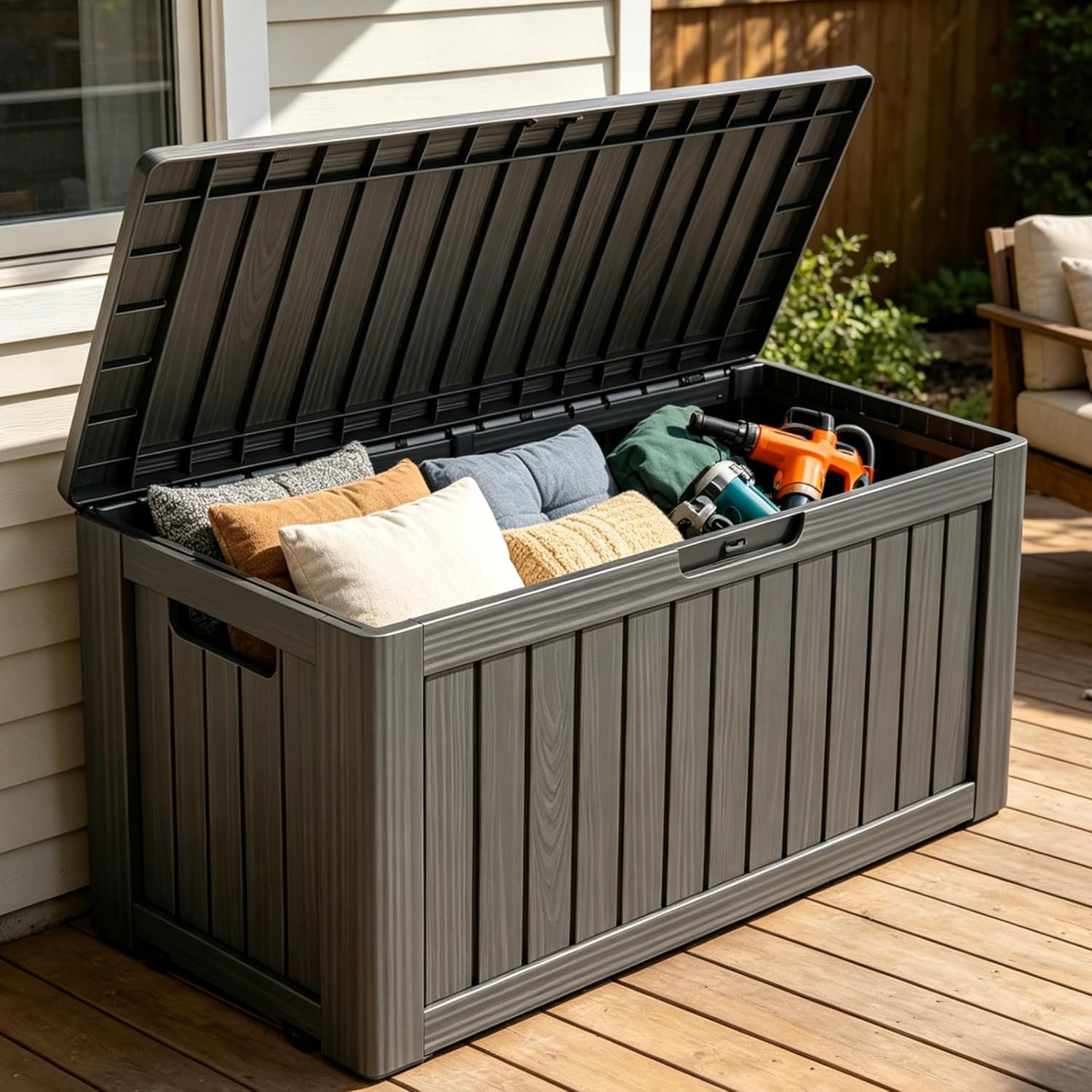 LAUSAINT HOME Resin Deck Box for Outdoor Storage - Weatherproof Patio Storage Bench