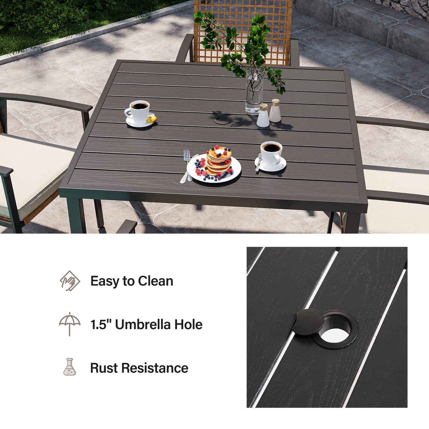 LAUSAINT HOME 7 Pieces Patio Dining Set, Outdoor Furniture Set of 6 Wicker Chairs (2 of Them Swivel) with Soft Cushion and Iron Slats Table Top with Umbrella Hole, Conversation Set for Backyard