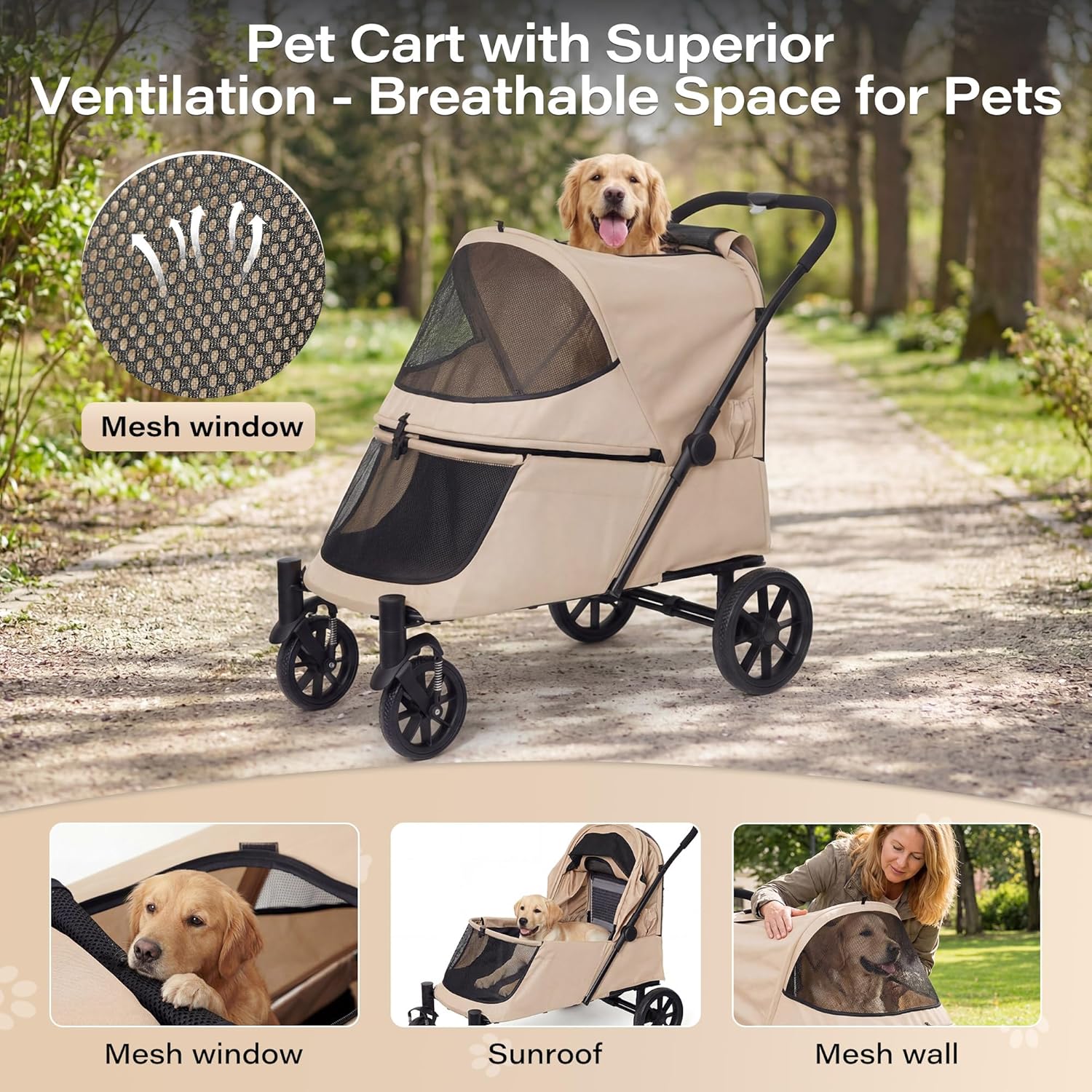 LAUSAINT HOME Pet Stroller, 4-Wheel Foldable Dog Cat Stroller for Medium/Large Pets