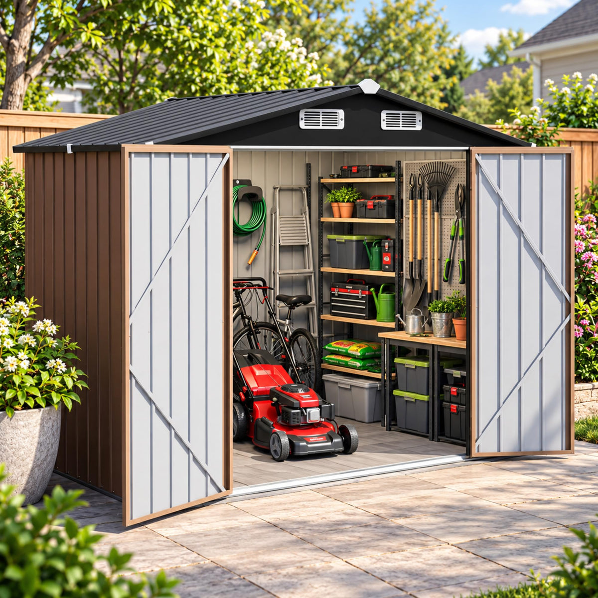 LAUSAINT HOME 10 x 3 FT 2-in-1 Metal Outdoor Storage Shed with Hardtop Gazebo, Lockable Galvanized Steel Lean-to Tool Shed with Sloped Roof, Black