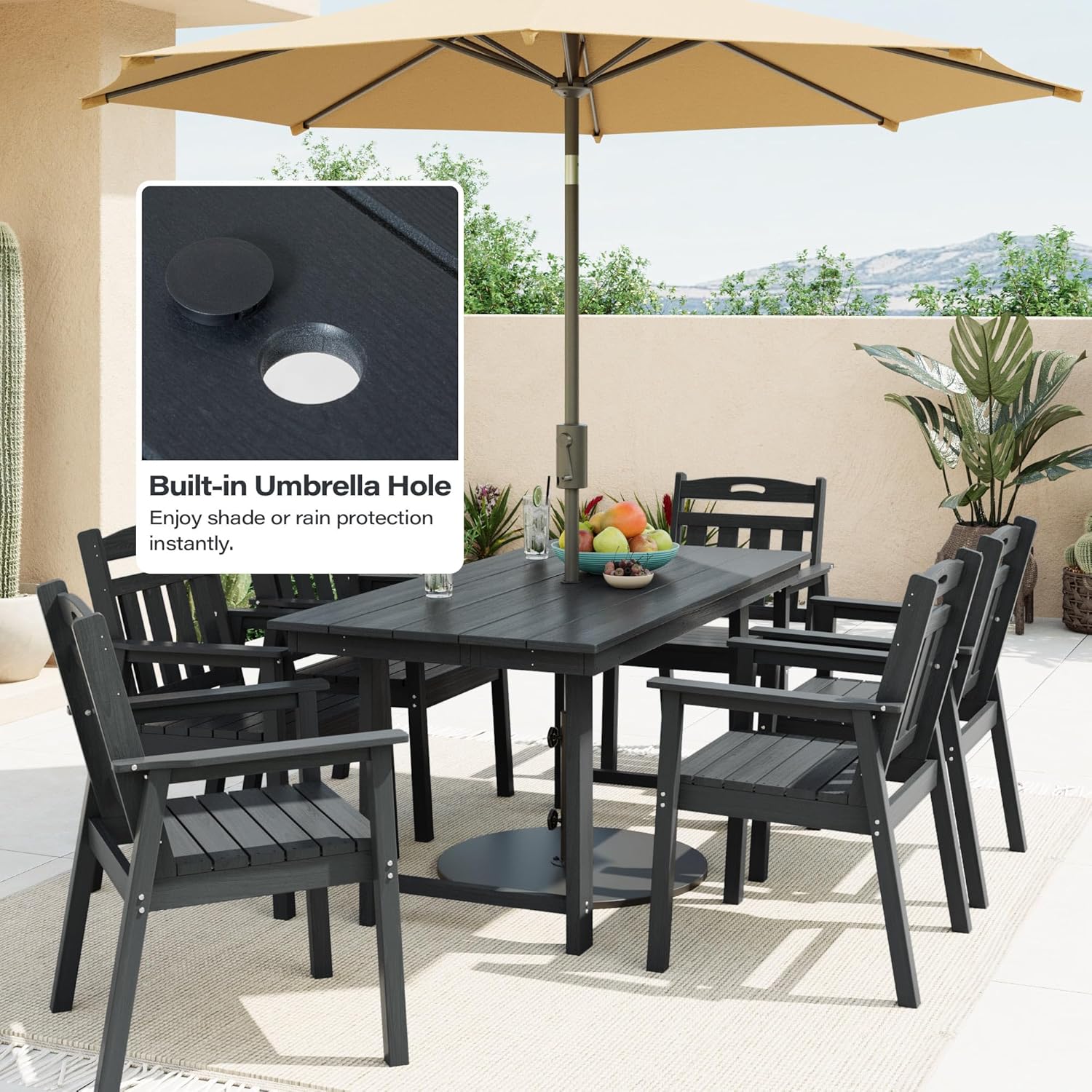 LAUSAINT HOME 7 Pieces HDPE Outdoor Dining Set for 6, Patio Dining Table and Chairs Set with Umbrella Hole