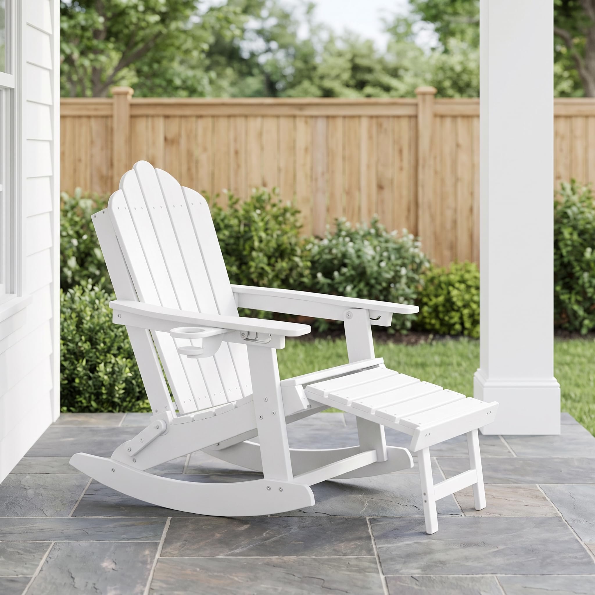 LAUSAINT HOME Folding Adirondack Rocking Chairs Set with Retractable Ottomans, 3-Position Adjustable Backrests and Cup Holders