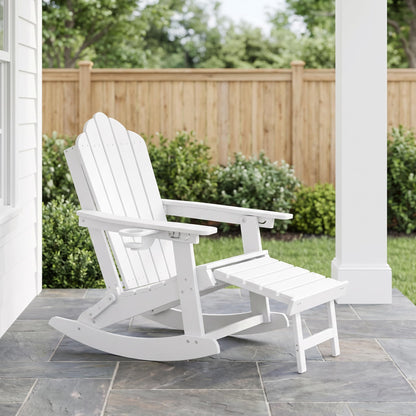 LAUSAINT HOME Folding Adirondack Rocking Chairs Set with Retractable Ottomans, 3-Position Adjustable Backrests and Cup Holders